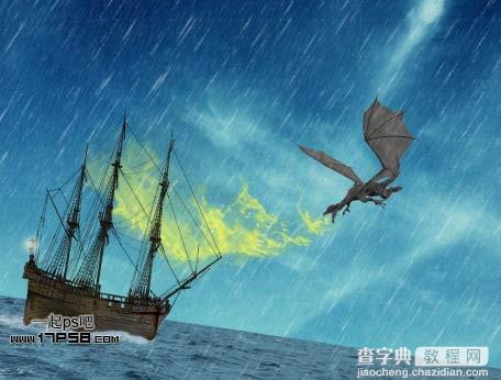 photoshop合成神话飞龙火烧商船壁纸效果29