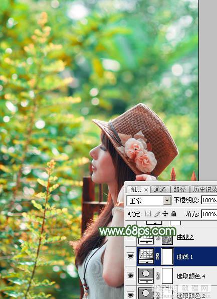 Photoshop将树林人物图片打造出甜美的青红色早秋色16
