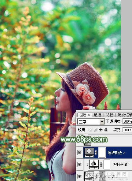 Photoshop将树林人物图片打造出甜美的青红色早秋色29