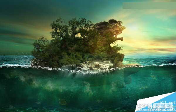 Photoshop合成海洋巨龟驮着岛在水上漂浮的效果图99
