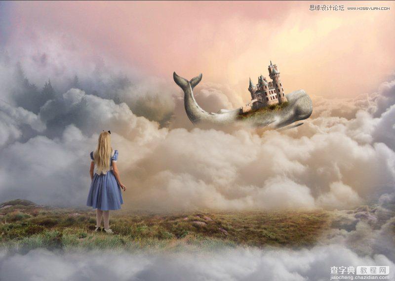 Photoshop合成在鲸鱼背着城堡在云端飞翔的场景20