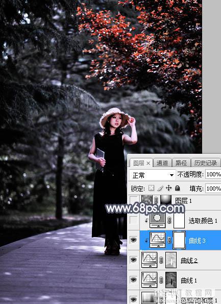 Photoshop将外景人物图片打造深秋暗调蓝红色13