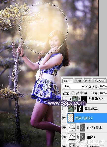 Photoshop将树林人物图片打造唯美的秋季蓝黄色16