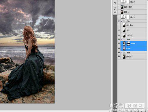 photoshop合成制作出坐在海边岩石上眺望远方沉思的美女图片6
