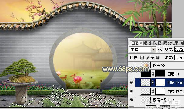 Photoshop合成唯美的江南古典园林拱门美景教程58