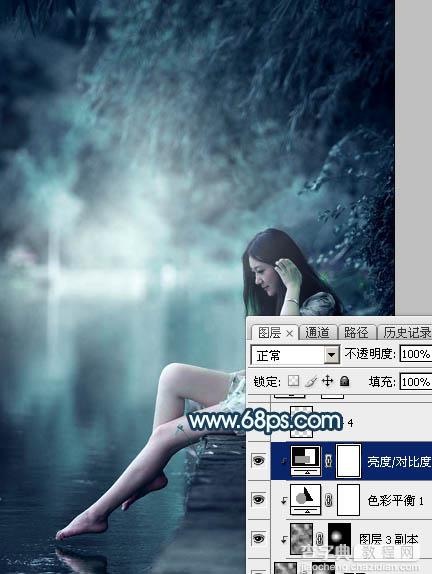 Photoshop调出梦幻唯美的暗调青蓝色河边人物图片24