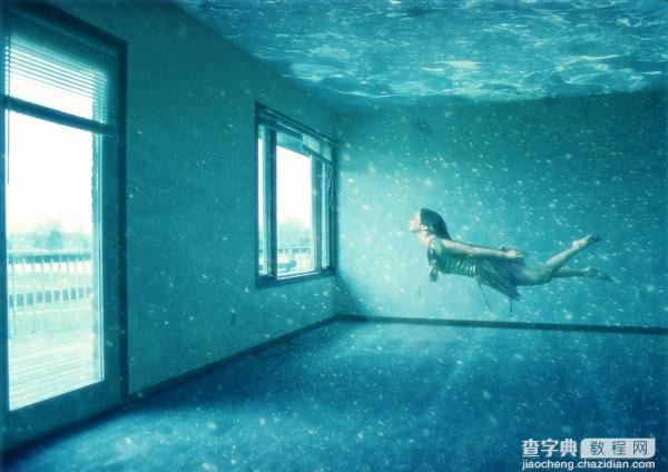 photoshop 将室内变成泳池并创意合成游泳的美女1