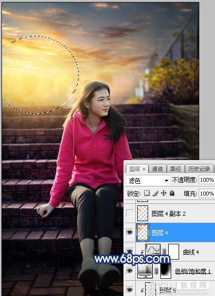 Photoshop调制出给漂亮的霞光古建筑边人物图片35