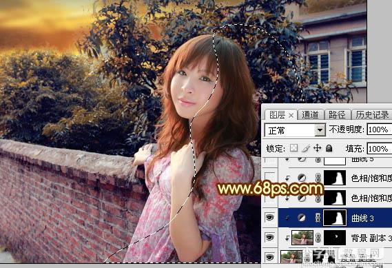 Photoshop调制出橙色霞光色围墙边人物图片24