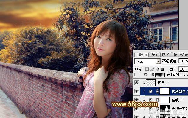 Photoshop调制出橙色霞光色围墙边人物图片31