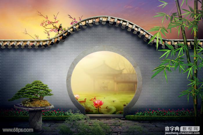 Photoshop合成唯美的江南古典园林拱门美景教程1