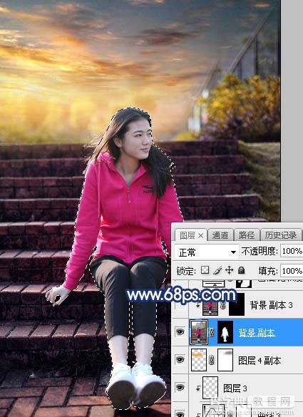 Photoshop调制出给漂亮的霞光古建筑边人物图片23