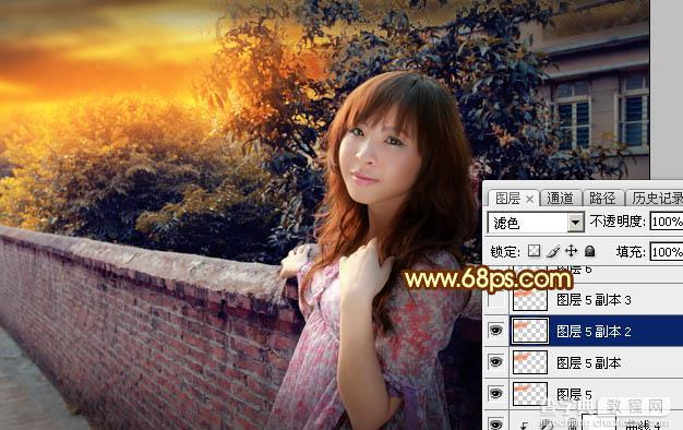 Photoshop调制出橙色霞光色围墙边人物图片38