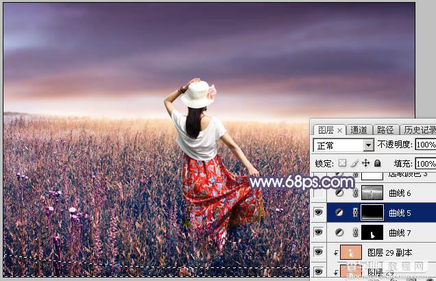 Photoshop将草原人物图片调制出唯美的暗调红蓝色49