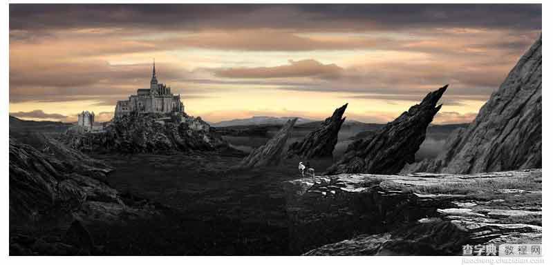 Photoshop合成骑士站在山间瞭望城堡的场景14