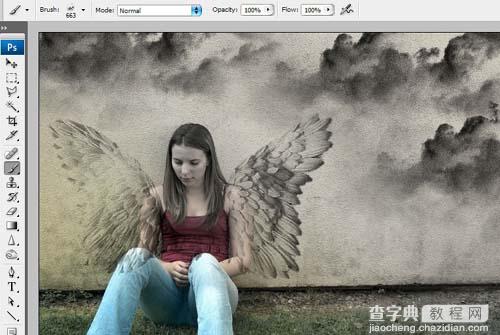 PS把墙壁图片合成坐在地上沉思的天使壁画10