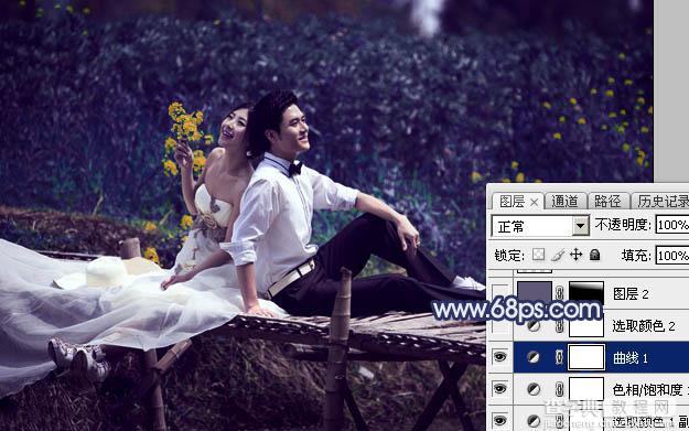 Photoshop将田园中的婚片增加唯美梦幻深蓝色14