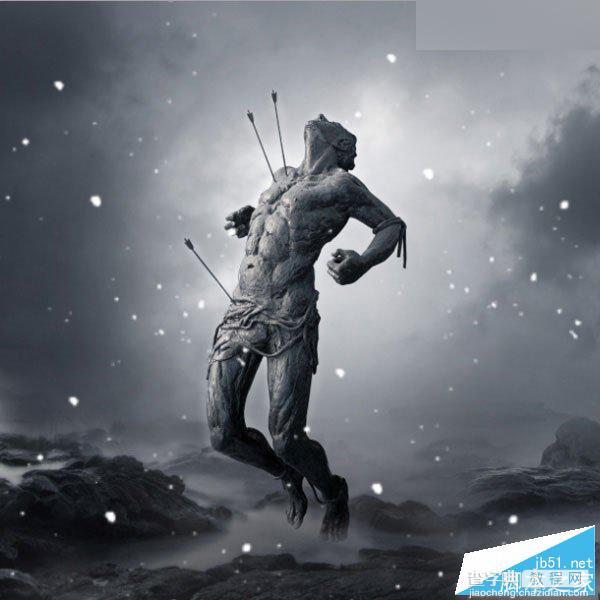 Photoshop合成暴风雪中被射杀的勇士雕塑悲壮场景28