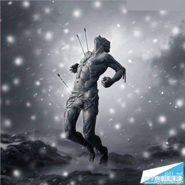 Photoshop合成暴风雪中被射杀的勇士雕塑悲壮场景33