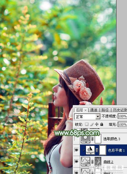 Photoshop将树林人物图片打造出甜美的青红色早秋色21