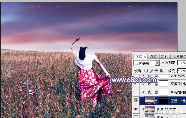 Photoshop将草原人物图片调制出唯美的暗调红蓝色33