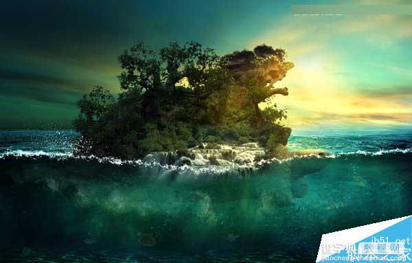 Photoshop合成海洋巨龟驮着岛在水上漂浮的效果图1