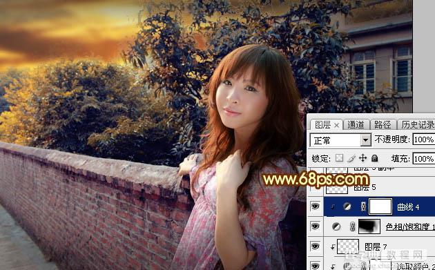 Photoshop调制出橙色霞光色围墙边人物图片35