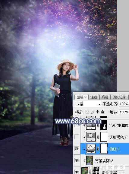Photoshop将树林人物图片打造魔幻的蓝紫色特效28