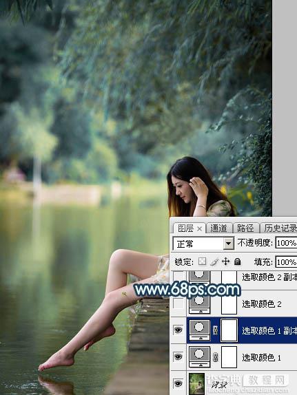 Photoshop调出梦幻唯美的暗调青蓝色河边人物图片5