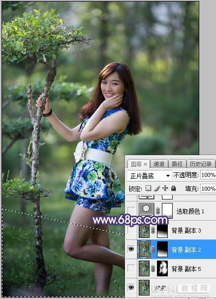 Photoshop将树林人物图片打造唯美的秋季蓝黄色3