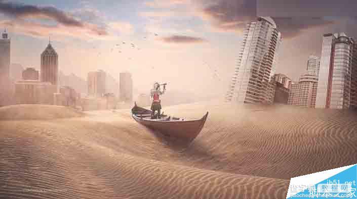 Photoshop合成创意风格被沙丘淹没的荒废城市场景1