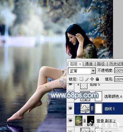 Photoshop将水景人物图片打造出柔和的古典青蓝色特效34