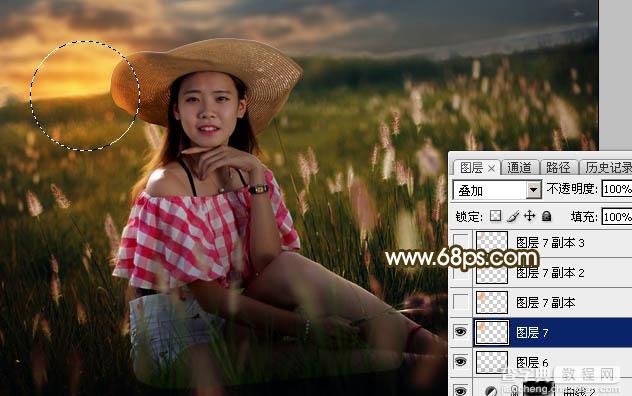 Photoshop调制出暗调晨曦阳色光原野草地上人物图片31