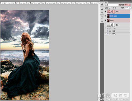 photoshop合成制作出坐在海边岩石上眺望远方沉思的美女图片16