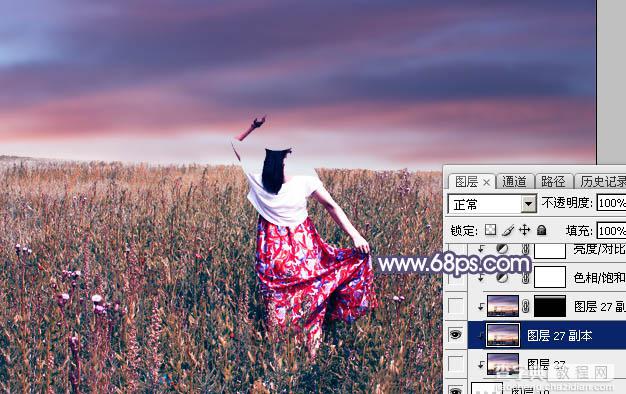 Photoshop将草原人物图片调制出唯美的暗调红蓝色32