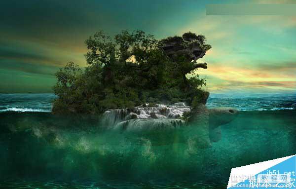 Photoshop合成海洋巨龟驮着岛在水上漂浮的效果图77