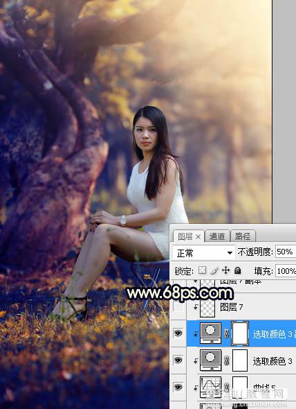 Photoshop调制出唯美的深秋暗黄色树林人物图片38