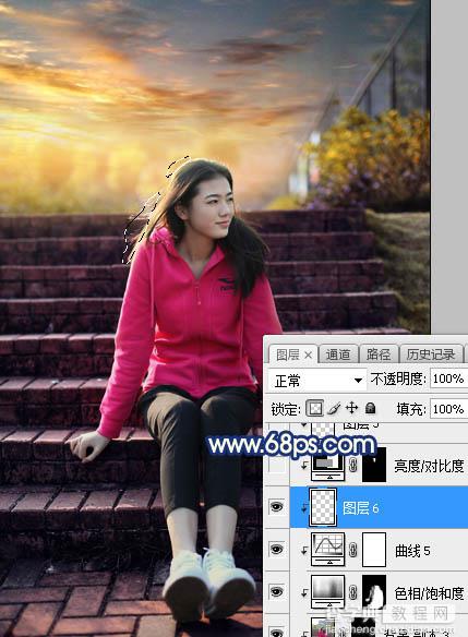 Photoshop调制出给漂亮的霞光古建筑边人物图片28