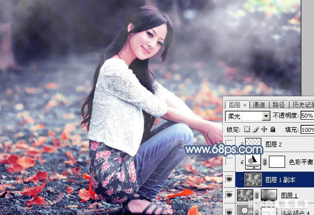 Photoshop将外景人物图片打造出古典暗蓝色秋季效果35