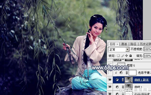 Photoshop调制出唯美的暗青色古装人物图片9