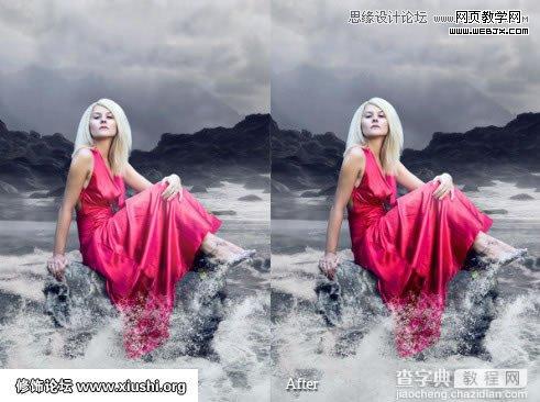 Photoshop合成制作梦幻的海边在坐岩石上的美女图片教程28