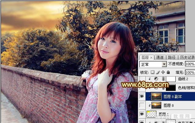 Photoshop调制出橙色霞光色围墙边人物图片17