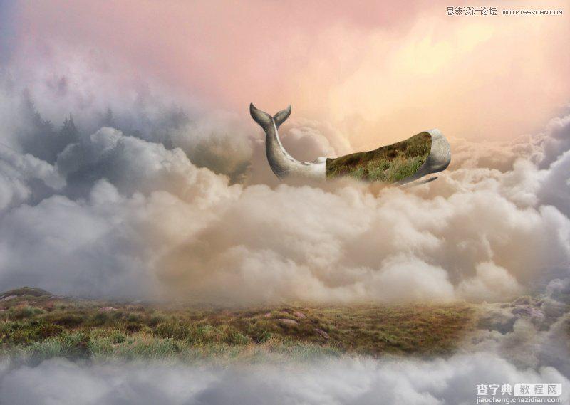 Photoshop合成在鲸鱼背着城堡在云端飞翔的场景16