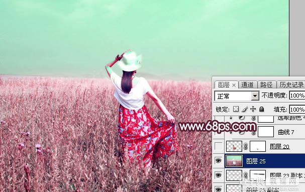 Photoshop将草丛人物图片打造魔幻的粉调红绿色效果39