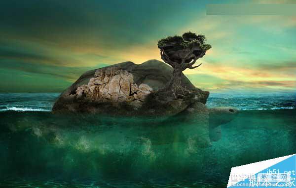 Photoshop合成海洋巨龟驮着岛在水上漂浮的效果图51