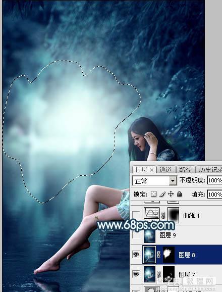 Photoshop调出梦幻唯美的暗调青蓝色河边人物图片51