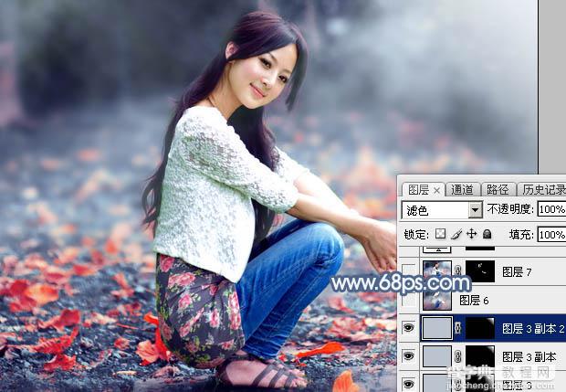 Photoshop将外景人物图片打造出古典暗蓝色秋季效果51