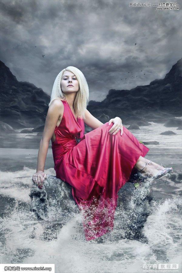 Photoshop合成制作梦幻的海边在坐岩石上的美女图片教程39