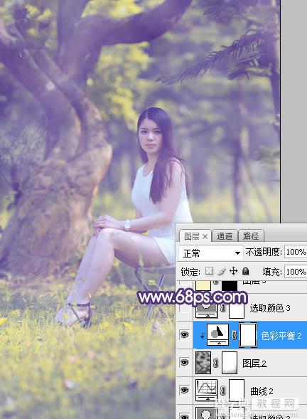 Photoshop调制出小清新蓝黄色树边人物图片24