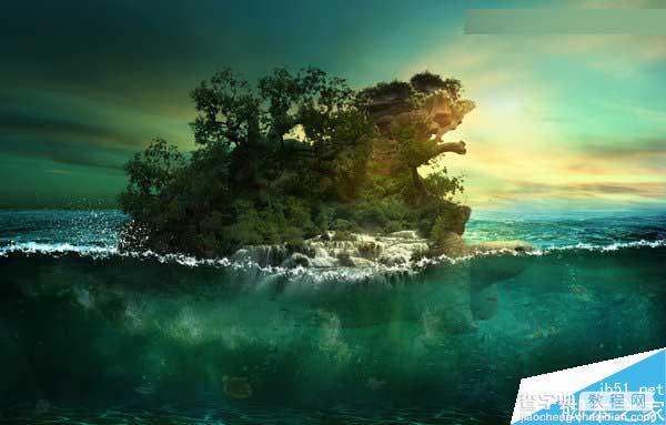 Photoshop合成海洋巨龟驮着岛在水上漂浮的效果图103